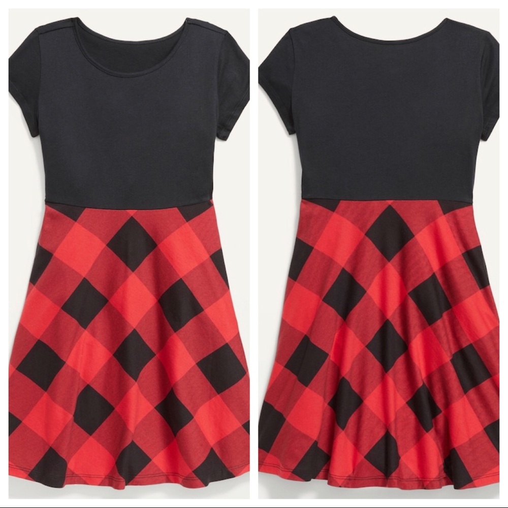 Old Navy Fit & Flare Short-Sleeve Jersey Dress Red Buffalo Plaid Size Small NWT